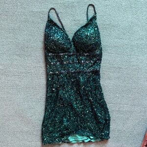 Teal Sequin Mini Dress with V-Neck